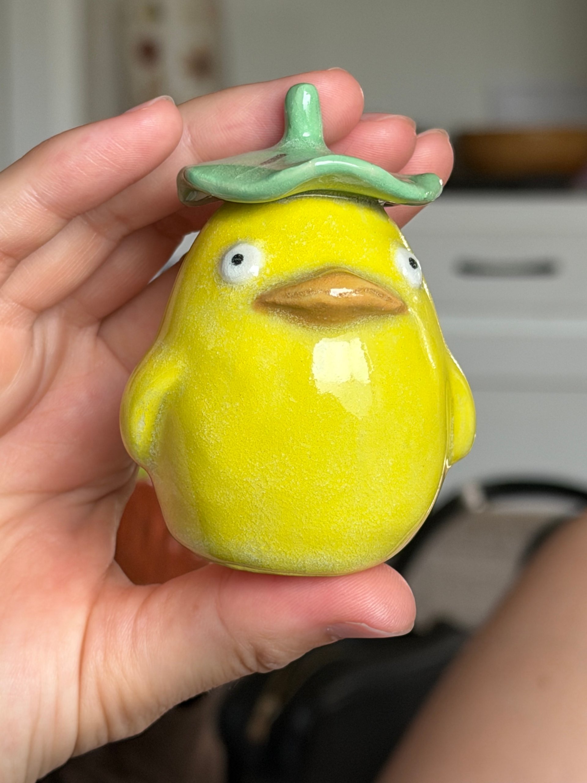 The duck held in an open palm, showing how small it is