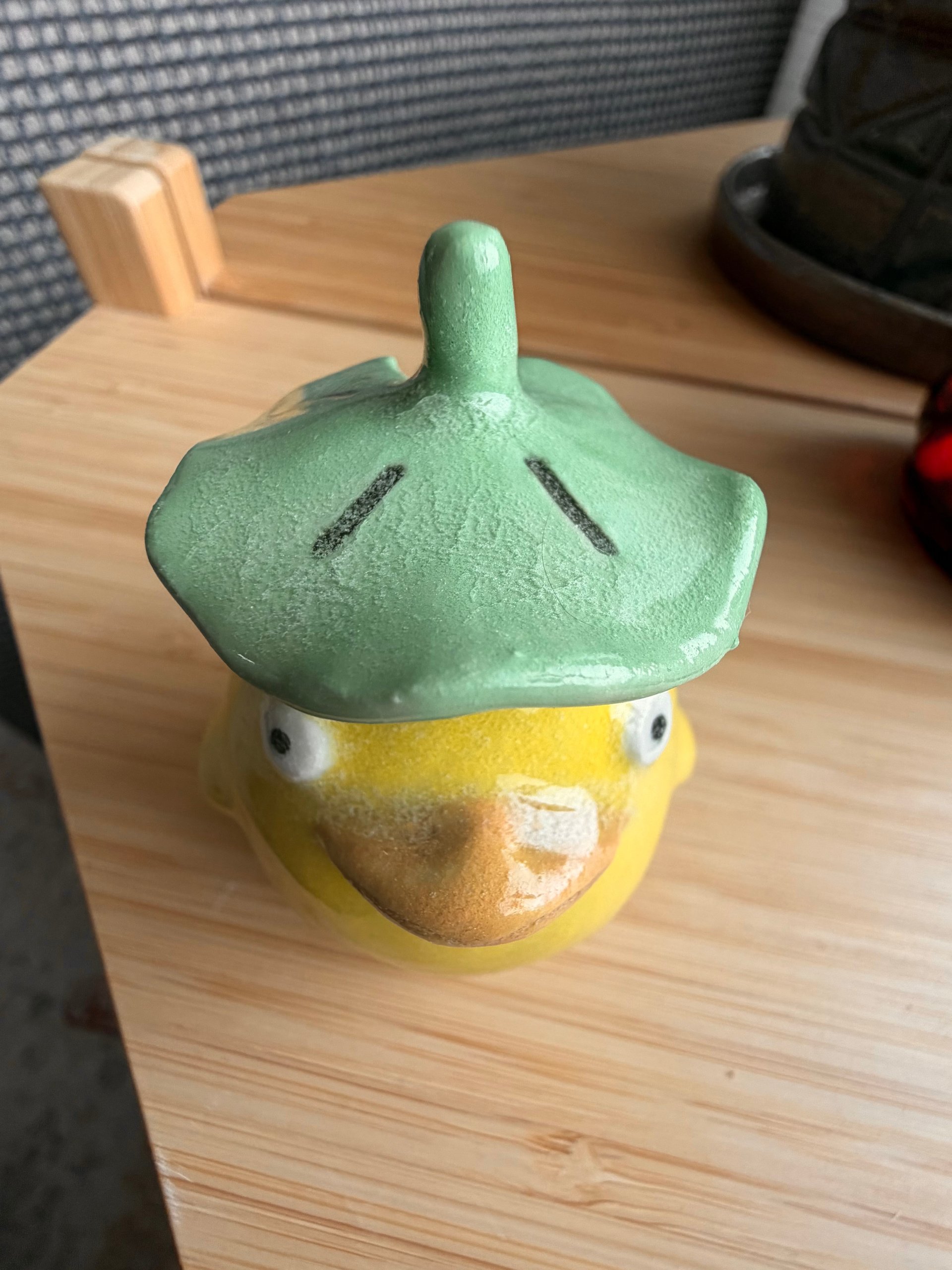 Looking down at the lilypad hat from above, the duck's beak just visible beneath