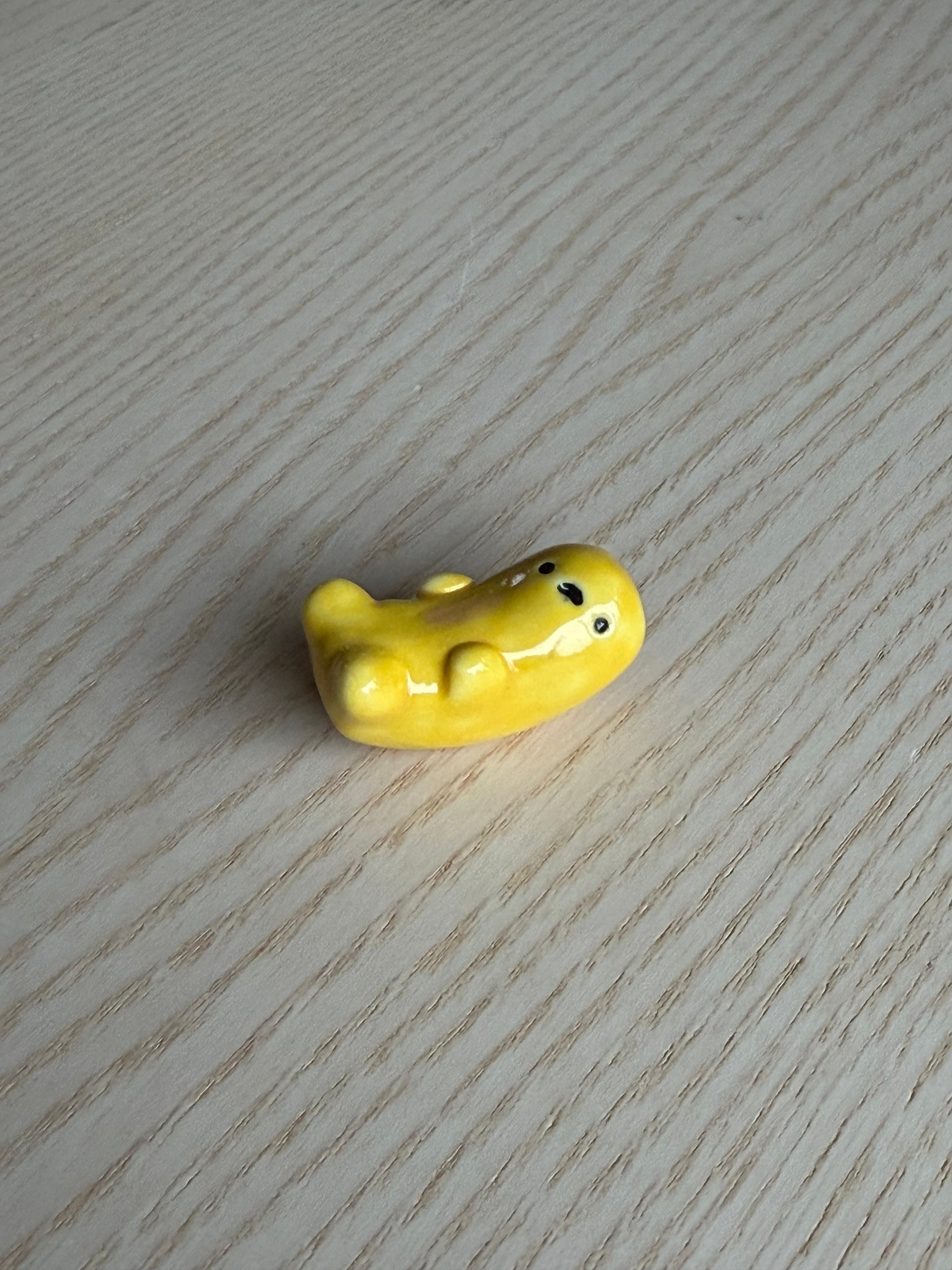 The yellow bean on its own, lying down with a contented face