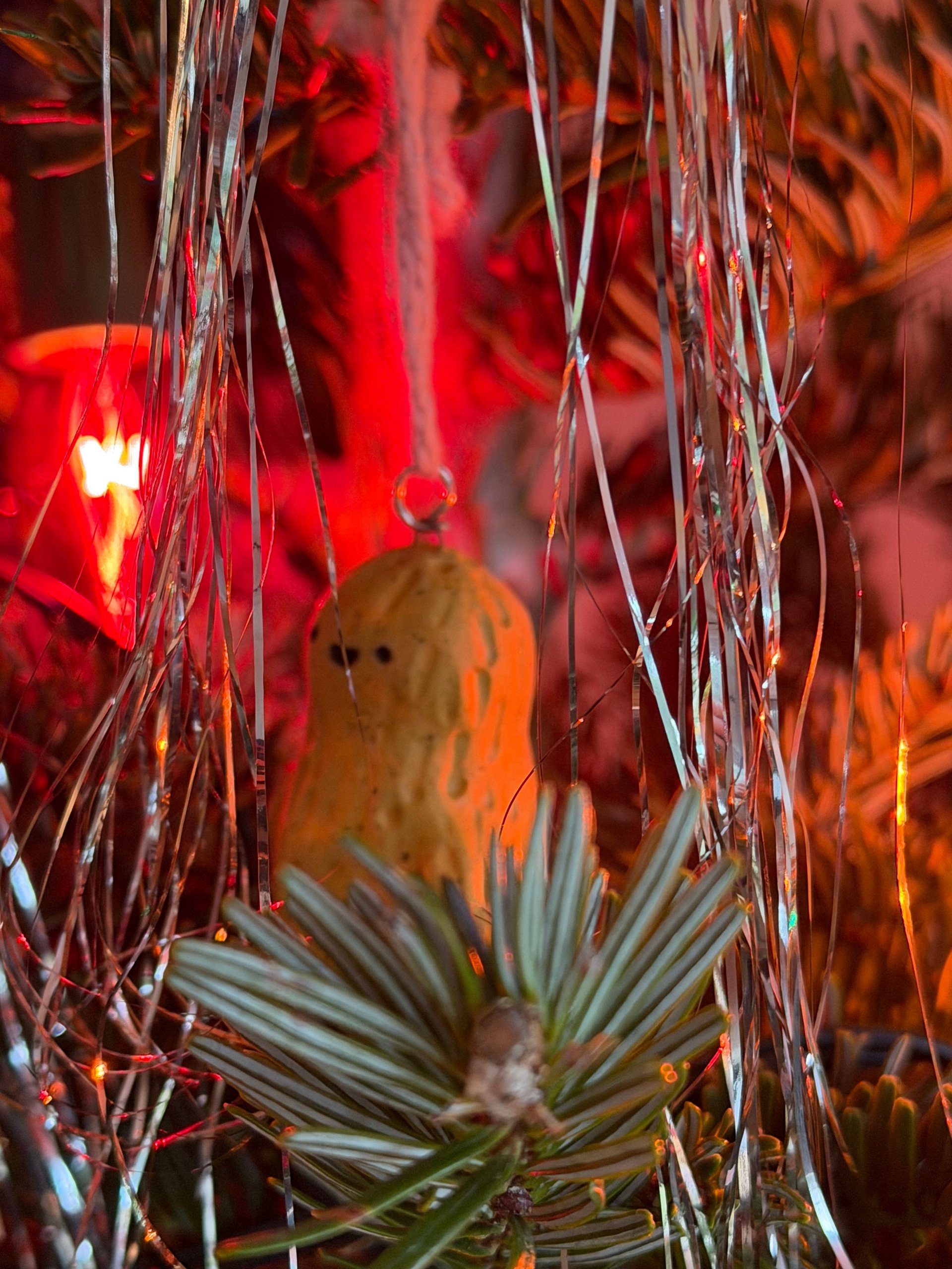 A peanut ornament tucked into the branches under a red light