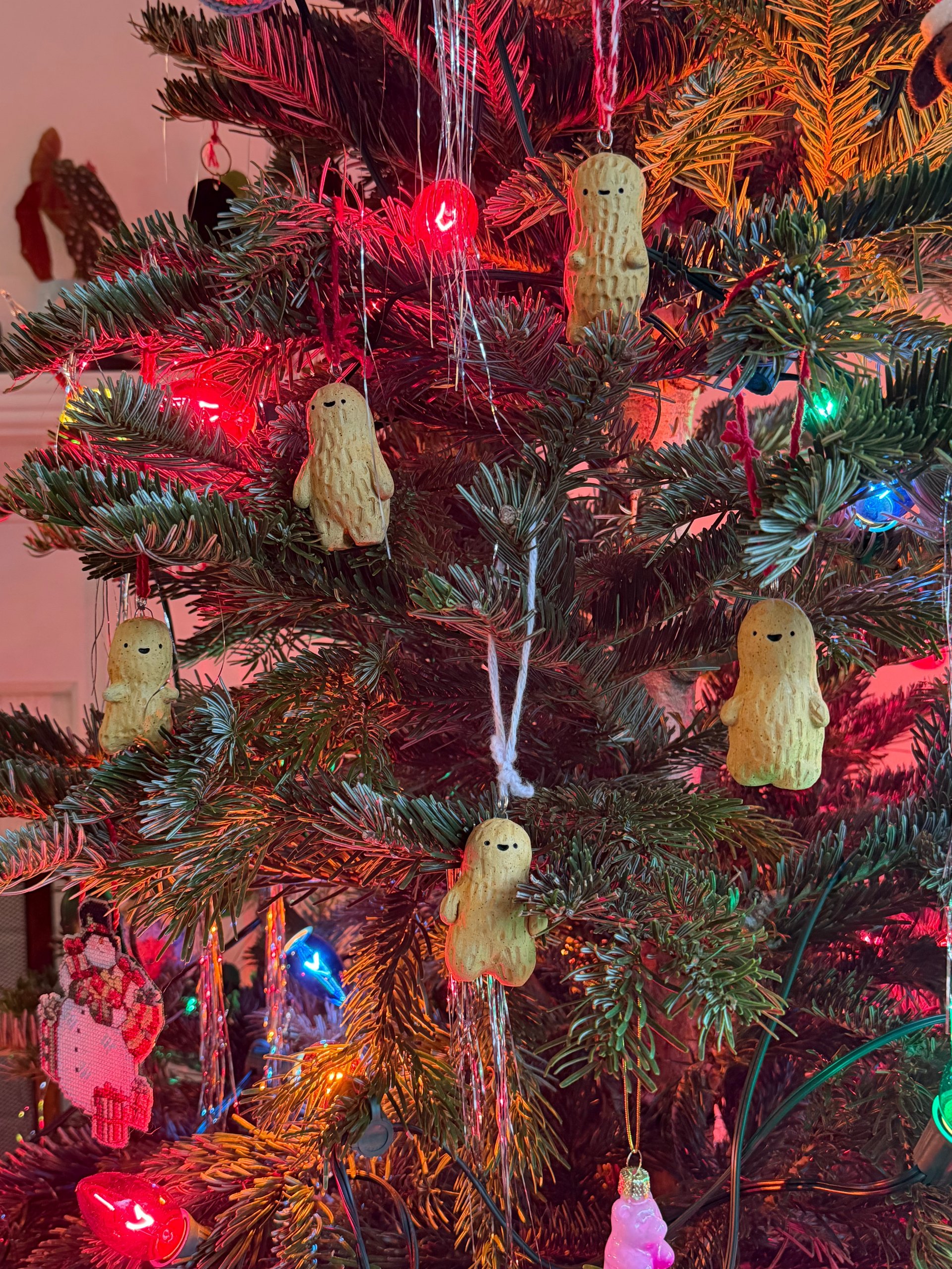 Several peanuts hung across the tree together