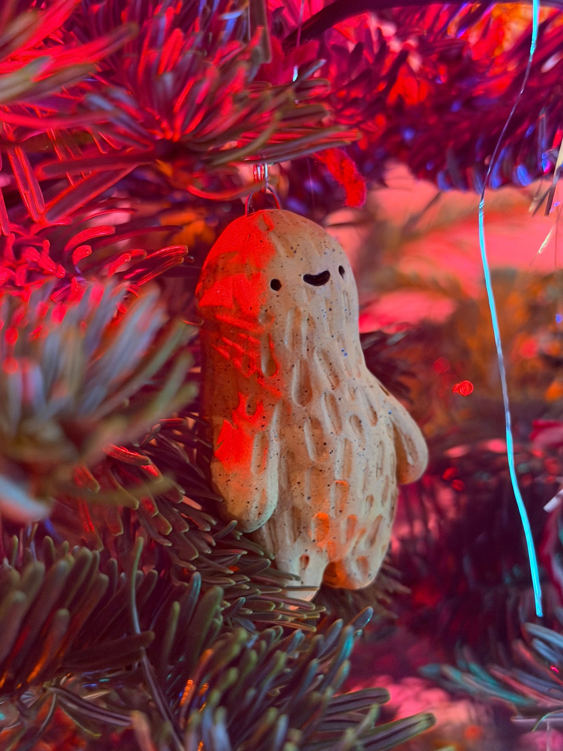 Close view of a peanut ornament with closed eyes, its shell texture catching the light