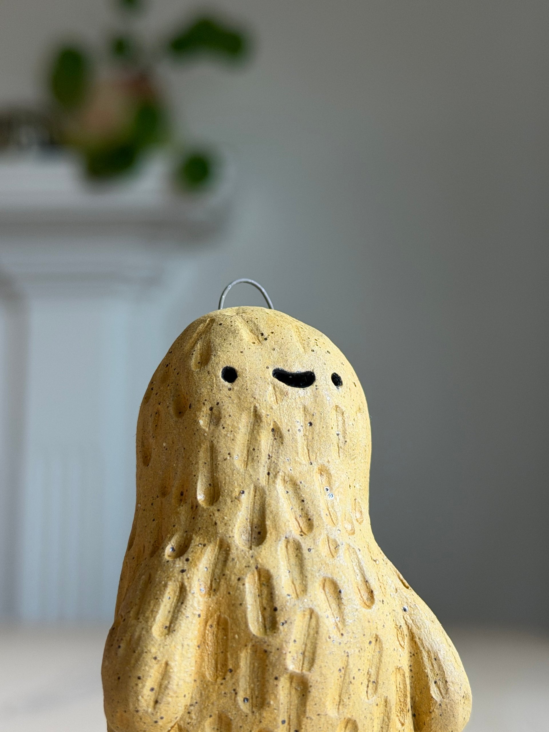 A peanut ornament in daylight, its shell texture and painted face clearly visible