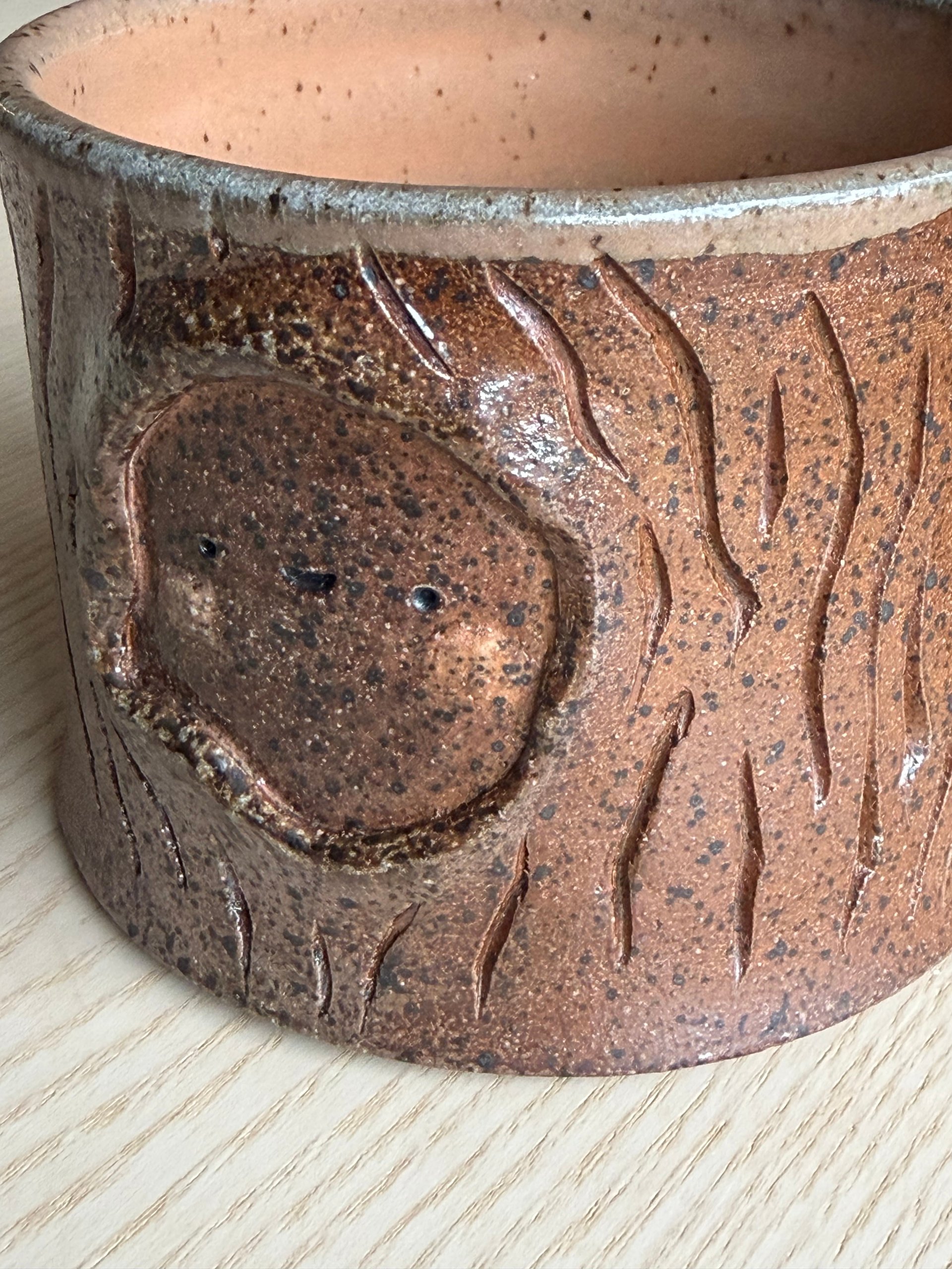 A face resting in a knot-hole, surrounded by carved bark lines